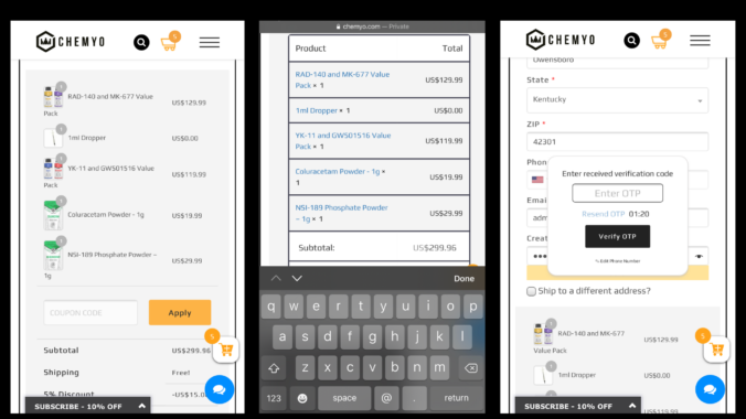 Chemyo Checkout Process screenshots
